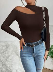 SHEIN PETITE 1 chiếc áo thun ôm vừa vặn không đối xứng màu trơn mùa thu - màu nâu - Xem 5