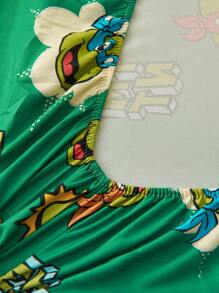 TEENAGE MUTANT NINJA TURTLES | SHEIN 1pc Cartoon & Letter Pattern Green Fitted Sheet,Suitable For Children Single/Double/Queen/King Bed - Green - View 7