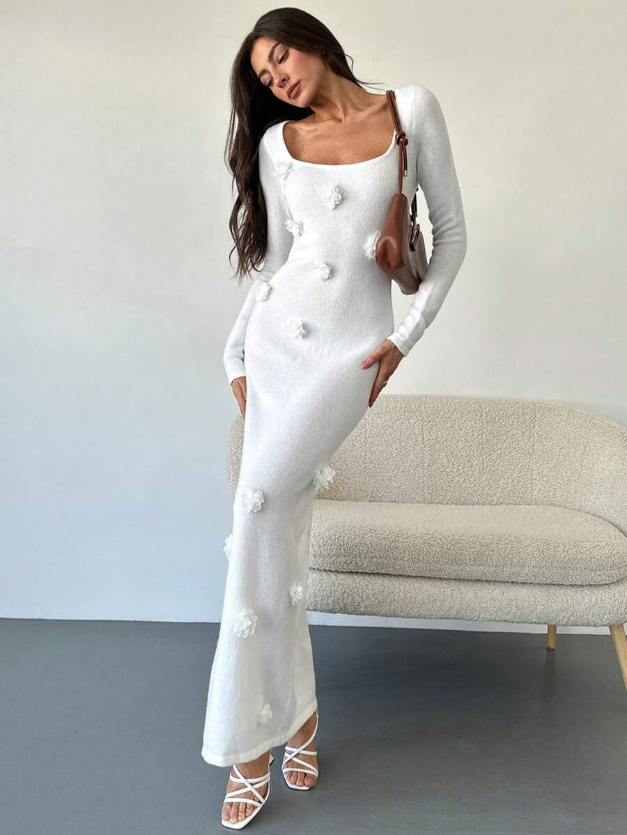 Aloruh Đầm len dài tay thêu hoa cổ vuông lãng mạn cho nữ, màu be - Màu be - Xem 1