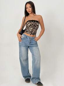 SHEIN PETITE 女士豹纹蕾丝边抹胸上衣