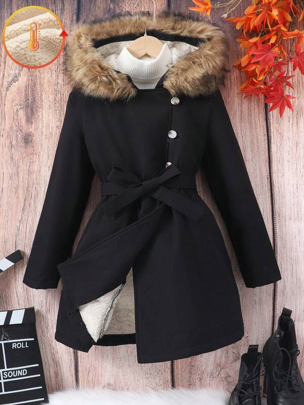 SHEIN Tween Girl Casual Fuzzy Hooded Jacket With Fur Collar, Winter