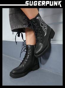 Sugerpunk Botas cortas de moda, cómodas para diario y fiestas, con suela gruesa, cuña, puntera redonda, estampado floral blanco, tela de PU negra, con cremallera lateral y cordones, para mujer, para otoño