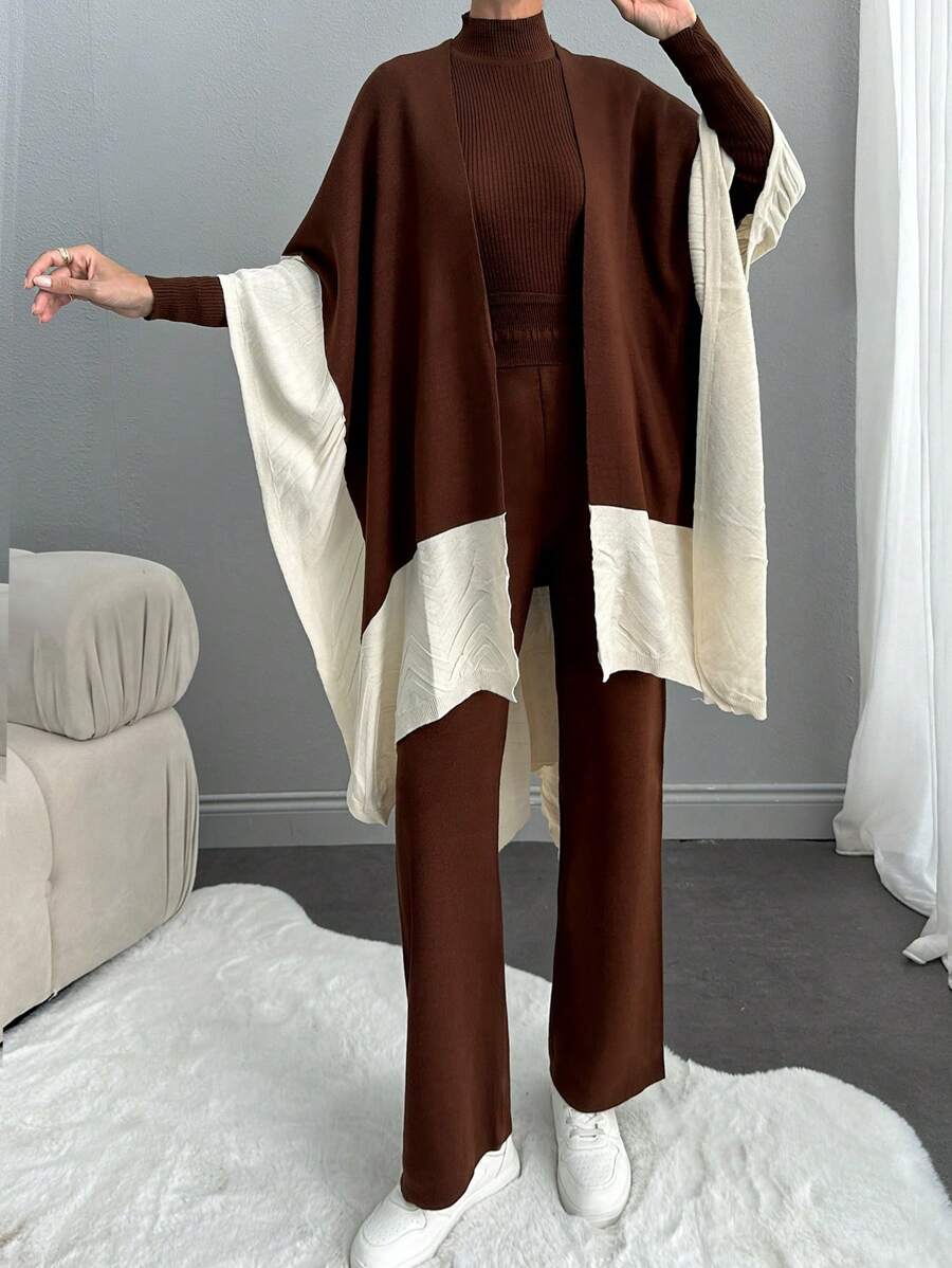 EURMUSE Woman Winter Three Pieces Sweater Pants And Shawl Set Co-Ords - Brown - View 1