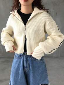 FRIFUL Áo khoác cardigan dáng rộng cổ cao, khóa kéo phía trước, đơn sắc, thời trang thu/đông, tay dài, quần áo nữ mùa thu - Màu be - Xem 8