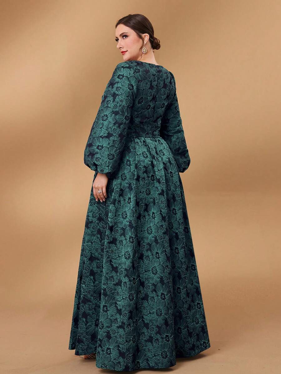SHEIN Belle Plus Size Elegant Luxury Romantic Green Jacquard V Neck 
