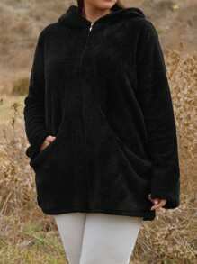 EURMUSE Plus Casual Solid Black Teddy Fur Zipper Hoodie Jacket - Black - View 5