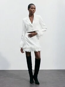 SHEIN Maija Modische weiße flauschige Patchwork Kurzblazer, elegante und lässige Oberbekleidung für Damen, Herbst/Winter - Weiss - Übersicht 5