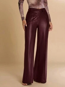 SHEIN BAE Brown PU Leather Pants, Asymmetrical Waistline Wide Leg Pants, Elegant Women Palazzo Trousers For Casual Outing, Club Wear, Chocolate - Burgundy - View 3