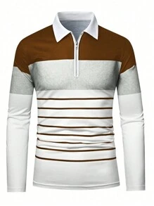 Manfinity Homme Colorblock Striped Print Half Zip Up Long Sleeve Casual Polo Shirt