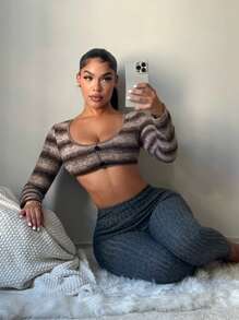 SHEIN SXY Áo croptop dài tay kẻ sọc gợi cảm cho nữ - Nhiều màu - Xem 3