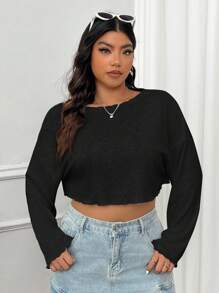 SHEIN EZwear 大码女式休闲纯色落肩宽松生菜边短款 T 恤 - 黑色 - 查看 6