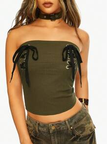ROMWE Grunge Punk Vintage Military Green Distressed Grommet Lace-Up Women Tube Top Crop Vest With Choker - Army Green - View 2