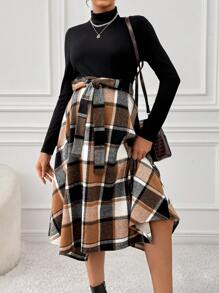 Cheriluna Maternity Maternity Rib Pattern Plaid Print Tie Waist Long Sleeve Dress, Waist Dress, Autumn/Winter - Multicolor - View 4