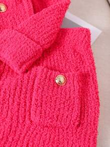 SHEIN 青少年女孩休闲毛领开衫和毛衣配裙子套装，秋冬季，圣诞节 - 玫紅色 - 查看 4