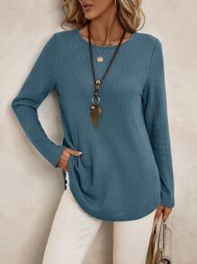 EMERY ROSE Women's Casual Solid Color Button Back Curved Hem T-Shirt Women Long Sleeve Tops Grey Tops For Women Gray Blouse Women Solid Color T Shirt Tops Women Women Women's Fall Clothes