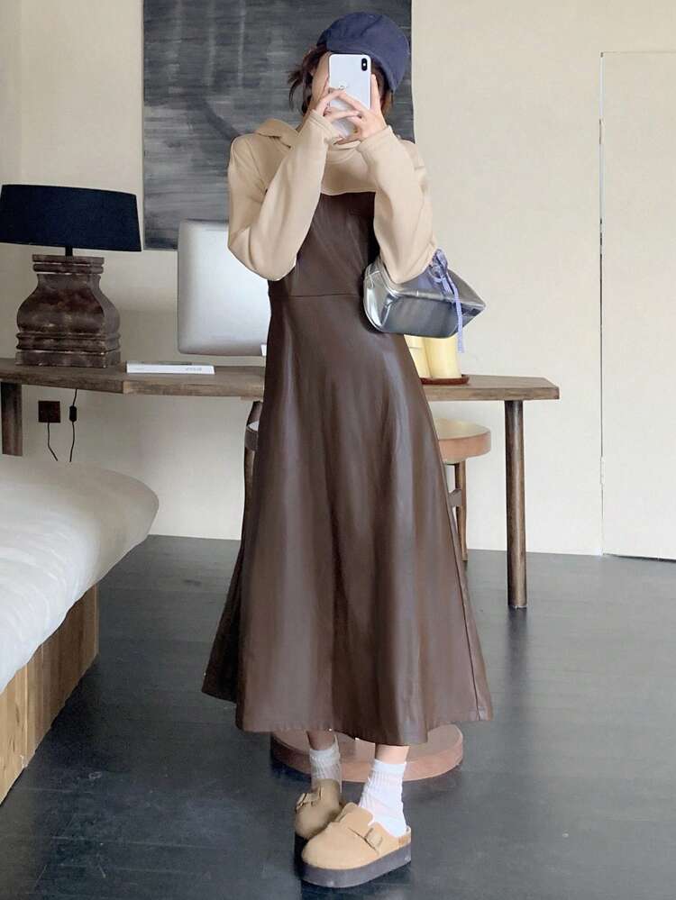 Women's Autumn/Winter Splice PU Leather Color Block Hooded Long Sleeve Midi Dress