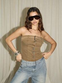 AiiRZ Denim Belt Detail Button Front Bandeau Top - Coffee Brown - View 1