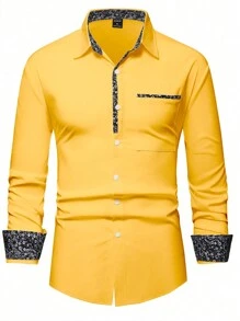 Manfinity Mode Men's Casual Colorful Ditsy Floral Button-Up Long Sleeve Shirt, Autumn, Man Yellow Shirt, Men Casual Long Sleeve Shirts