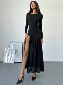 Aloruh 女式性感紧身高开叉连衣裙 - 黑色 - 查看 3