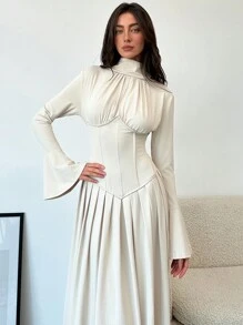 Aloruh Váy xòe tay chuông cổ cao xếp nếp cho nữ, thanh lịch - Màu be - Xem 6