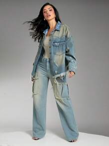 SHEIN Unity Premium Denim Western Tinted Ripped Denim Shacket - Medium Wash - View 4