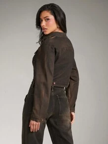 Denimoi Women Autumn Single-Breasted Flap Pocket Casual Denim Jacket - Brown - View 3