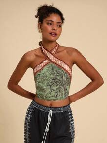 Travachic Vacation Woven Printed Halter Crop Top - Green - View 5