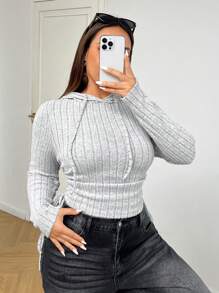 SHEIN EZwear Plus Size Women Gray Ribbed Drawstring Hooded Casual Long Sleeve T-Shirt, Autumn