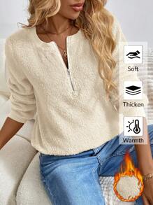 SHEIN LUNE Áo hoodie nỉ trơn màu đơn giản có khóa kéo cho nữ, tay dài cho mùa thu/đông - Màu be - Xem 1