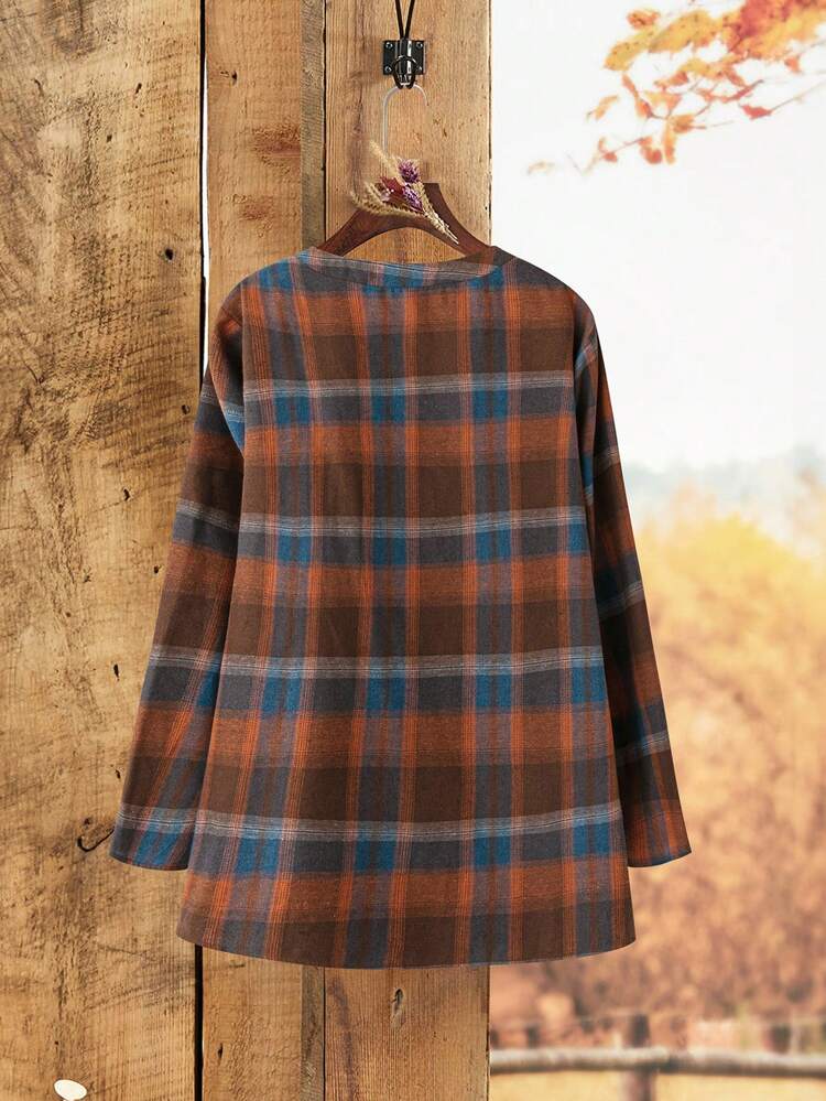 Plus Size Women Plaid V-Neck Long Sleeve Casual Shirt,  Women Clothes  Shirts For Womenbrown Blouse For Womencasual Blouse For Womenwomen Blouses Long Sleeve,Spring/Summer/Vacation