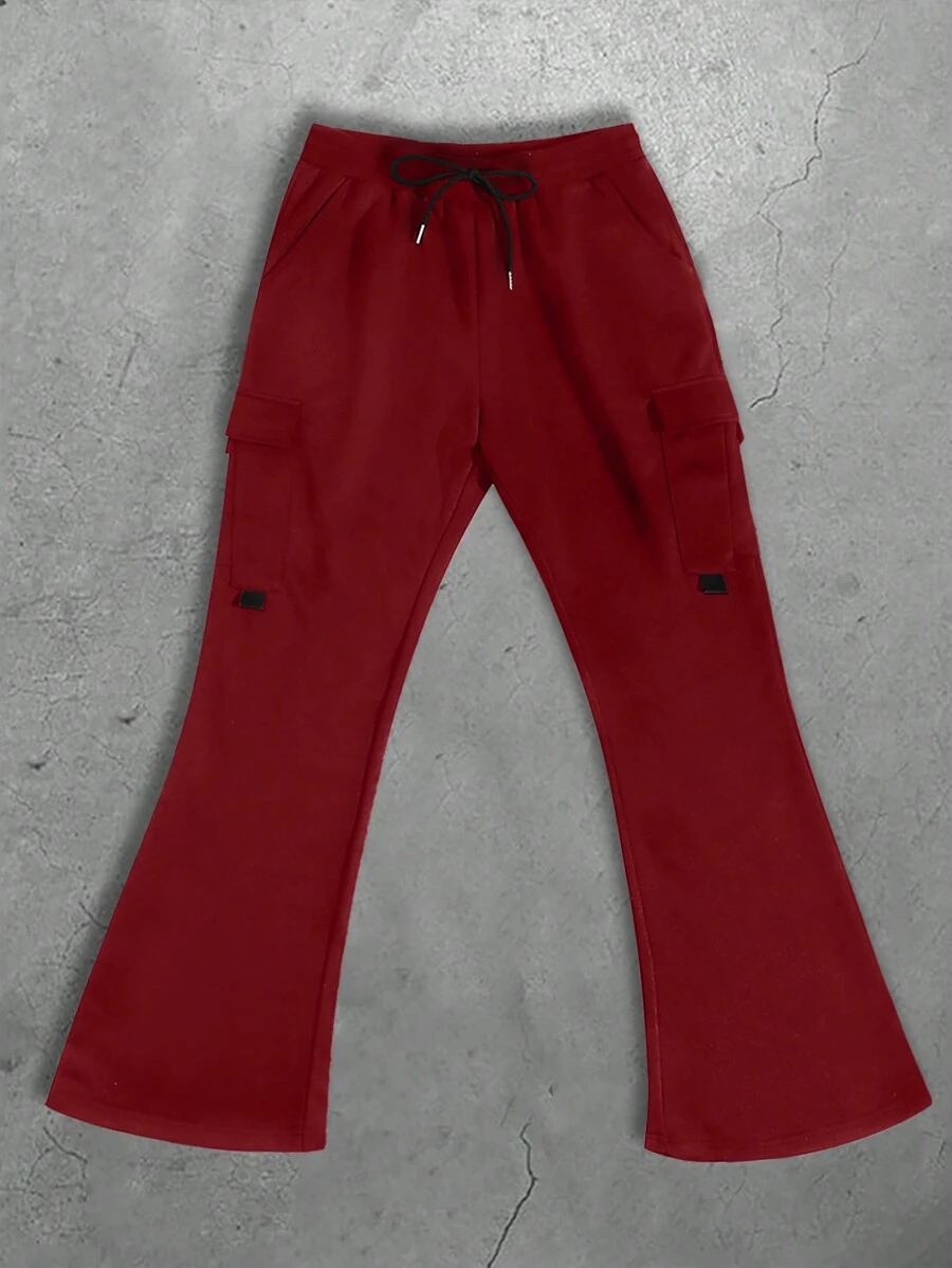 Manfinity Roghcode Men's Solid Color Drawstring Pocket Casual Flared Leg Sweatpants - Burgundy - View 1