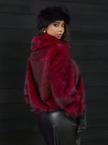 SHEIN SXY Glamorous Fluffy Winter Jacket For Women - Burgundy - View 2