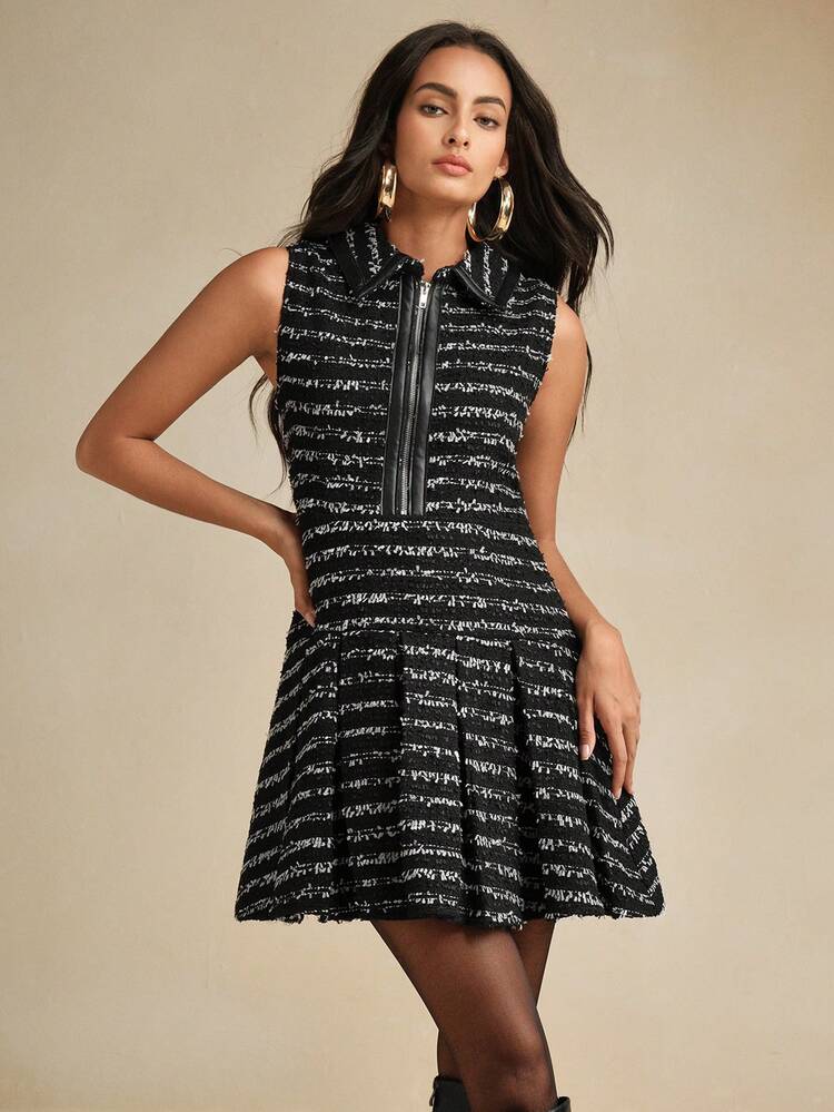 Vestido midi con rayas de parches, borde fruncido y efecto de piel sintética sin mangas, adecuado para otoño e invierno