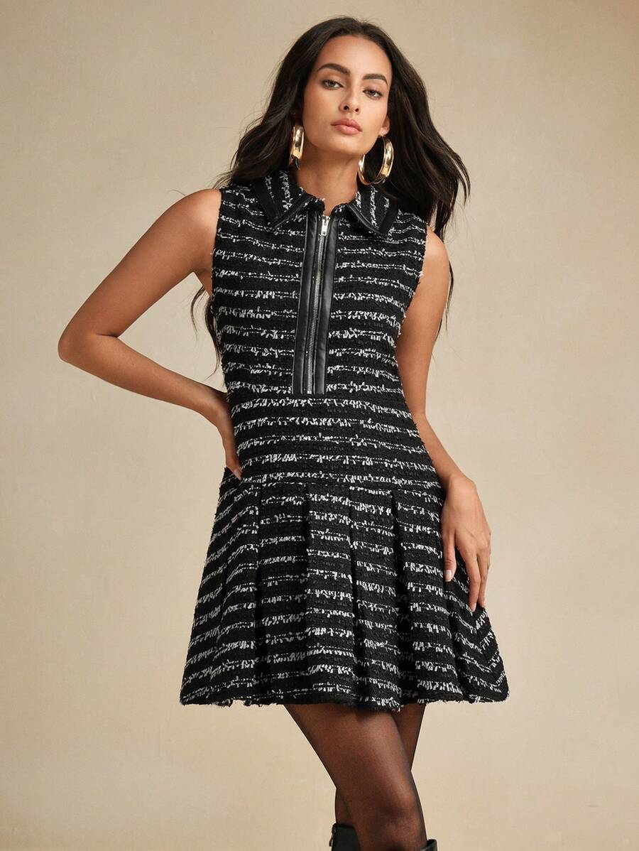 Anewsta 无袖拼布仿皮条纹褶皱下摆中长连衣裙，适合秋冬季 - 黑色 - 查看 1
