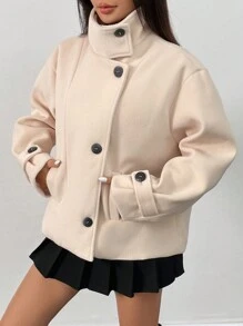 Flirla Stand Collar Front Button Long Sleeve Plain Casual Jacket - Apricot - View 4