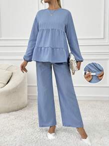 SHEIN Bộ 2 món/Bộ quần áo tay dài màu trơn đơn giản cho bà bầu, mùa thu, dành cho bà bầu - Màu xanh nhạt - Xem 1