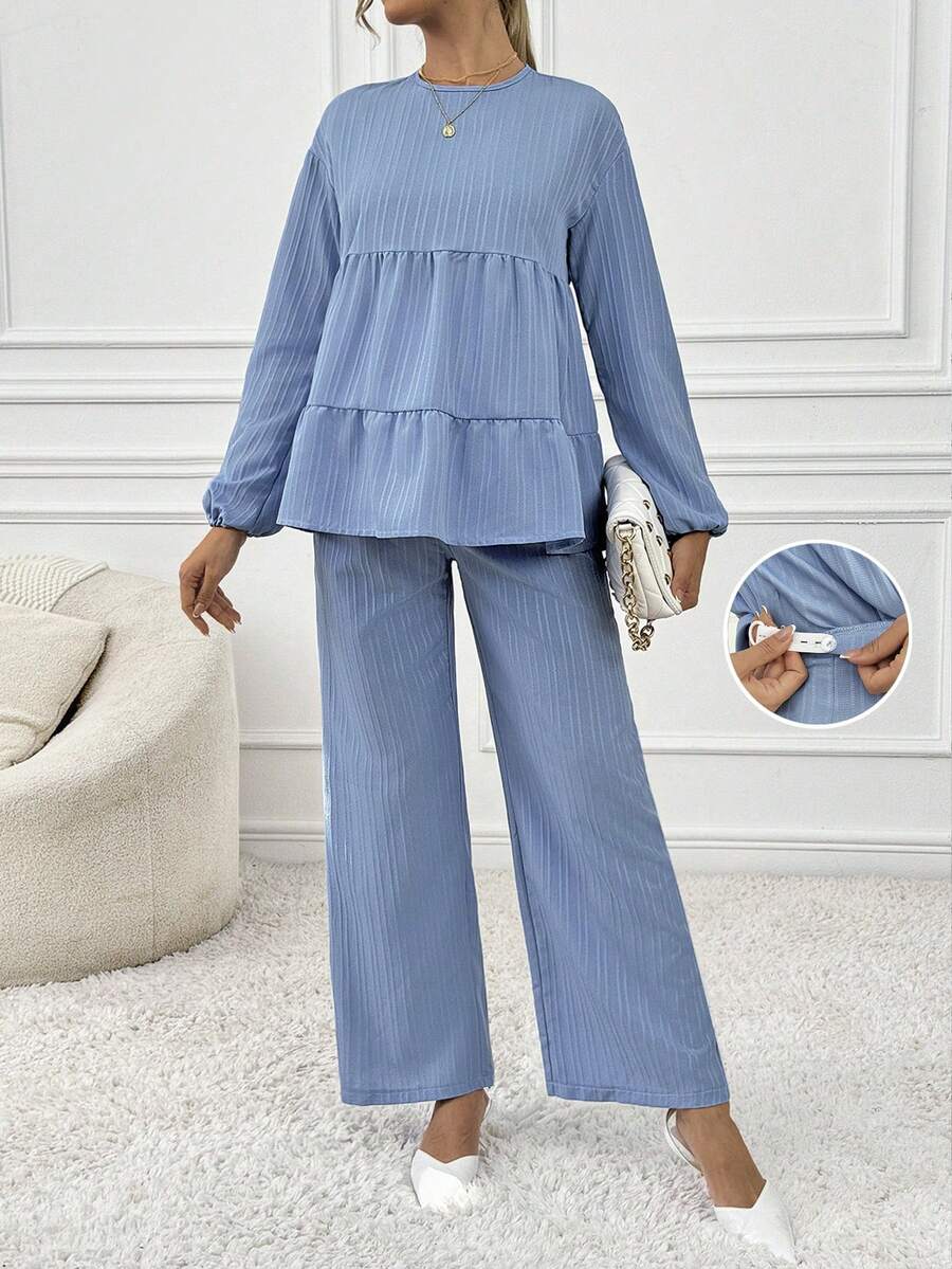 SHEIN Bộ 2 món/Bộ quần áo tay dài màu trơn đơn giản cho bà bầu, mùa thu, dành cho bà bầu - Màu xanh nhạt - Xem 1