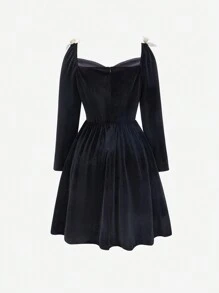 SHEIN Explorewe Vestido de moda de manga larga y terciopelo negro para adolescentes - Negro - Ver 2