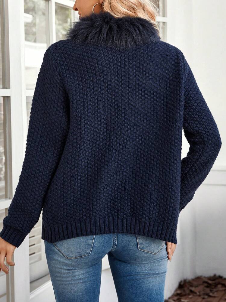 Women's Casual Solid Color Fluffy Collar Long Sleeve Knit Cardigan, Autumn/Winter