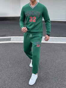 Aesthetic Post 男士休闲字母印花运动衫和运动裤套装，秋冬 - 綠色 - 查看 3