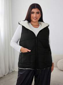 SHEIN EZwear Plus Size Women's Black Fuzzy Sleeveless Vest Jacket - Black and White - View 6