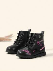 Cozy Pixies Baby Girls Heart & Letter Thêu Side Zip Breathable Lace Up Combat Boots For Outdoor - màu đen - Xem 2
