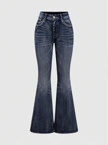 ROMWE Hippie Women's Cowgirl Embroidered Bohemian Style Denim Low Waist Jeans,Country