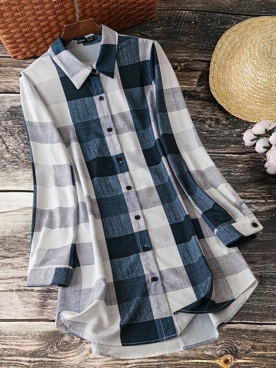 SHEIN X JIMENA & MATEO SHEIN LUNE Plaid Print Collared Button-Front Casual Long Sleeve Shirt Fall Cloth For Women