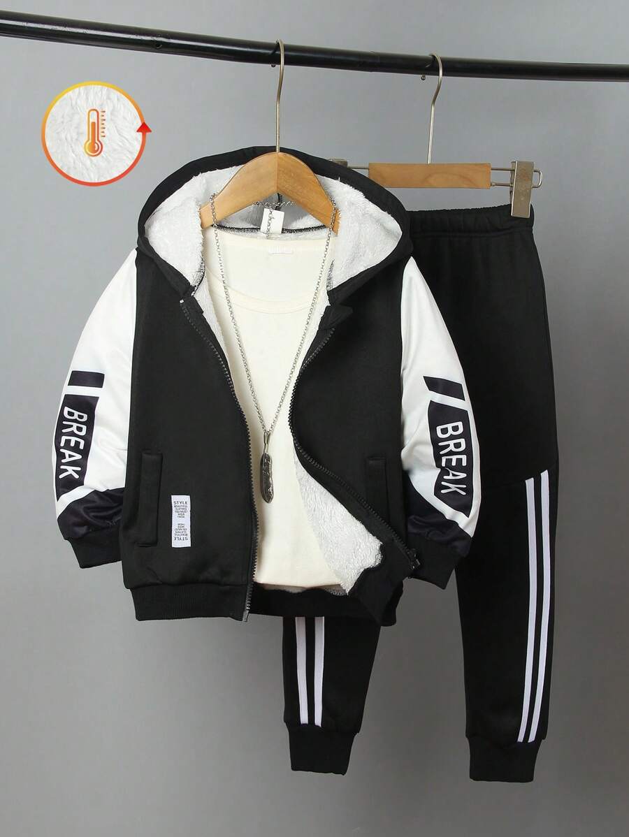 2 件套年轻男孩秋冬时尚服装：拉链连帽夹克，配色块设计、仿口袋和字母装饰，搭配带条纹饰边的保暖内衬运动裤，适合休闲、学校、活动、保暖 - 黑色 - 查看 1