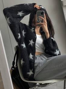 DAZY 女士星星提花针织开衫，带帽领和长袖，Y2K，秋季女装 - 黑色 - 查看 5
