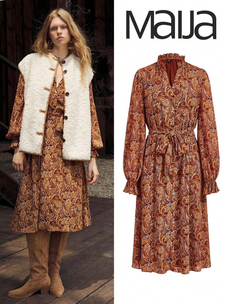 Maija Women's Autumn Long Sleeve V-Neck Floral Print Lantern Sleeve Midi Dress - Multicolor - View 1