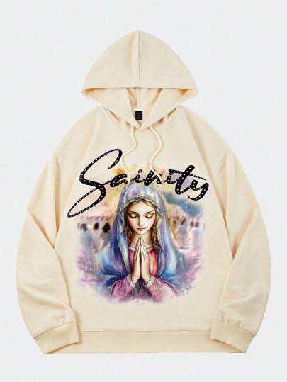 Street Life Men's Virgin Mary Print Long Sleeve Drawstring Casual Loose Hoodie, Streetwear