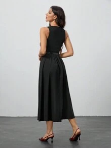 SHEIN Tall 女士纯色夏季无袖 A 字形连衣裙（配腰带）、返校季、秋季女装、万圣节连衣裙、狂欢节服装、早午餐女士服装、秋季连衣裙、返校节连衣裙、音乐会女士服装、暗黑学院风、文艺复兴时期连衣裙 - 黑色 - 查看 2