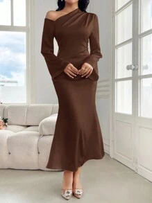 Modelyn Women's Solid Color Off Shoulder Loose Long Sleeve Bodycon Dress, With Ruffles, Wedding/Occasion Dress Long Evening Dresses